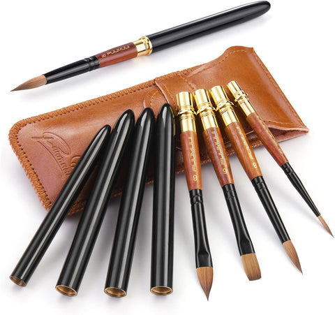 Fuumuui Sable Travel Watercolor Brushes, Fuumuui 4pcs Elegant Sable Watercolor Travel Brushes Travel Watercolor Kit with Leather Pouch Perfect for Watercolor Gouache Ink Painting