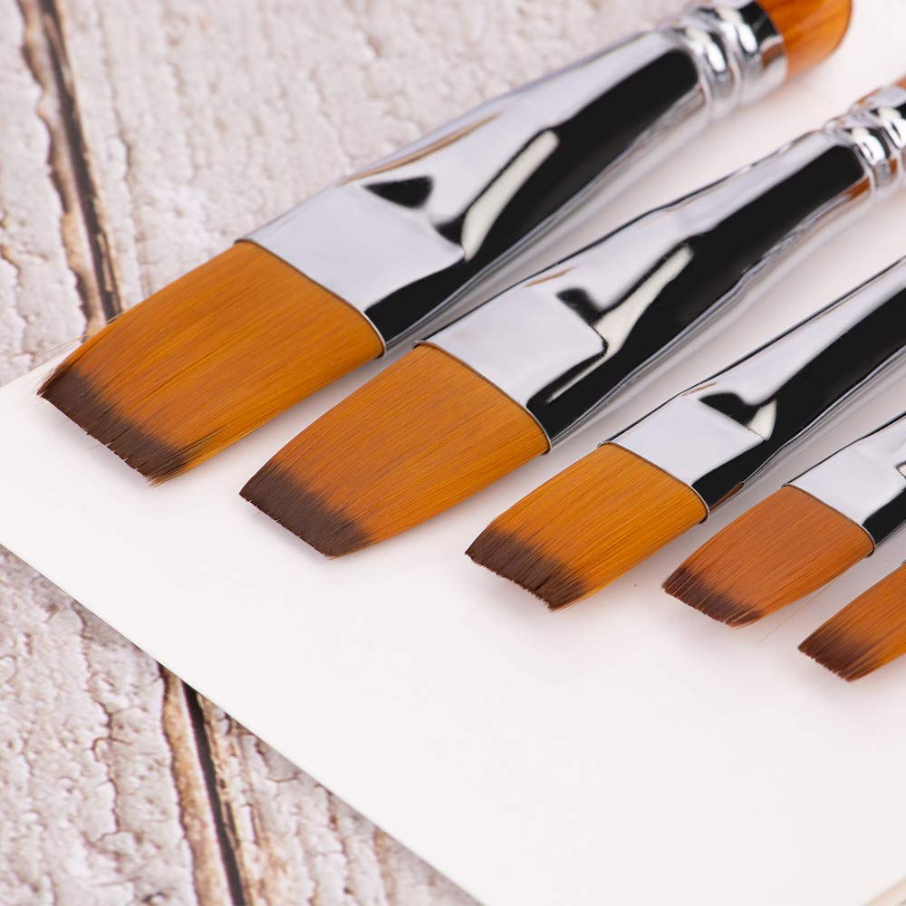 Golden Maple 6pcs Japanese Nylon Flat Paint Brush Set Short Wooden Acrylic Handle for Oil Watercolor Acrylic Gouache Paints